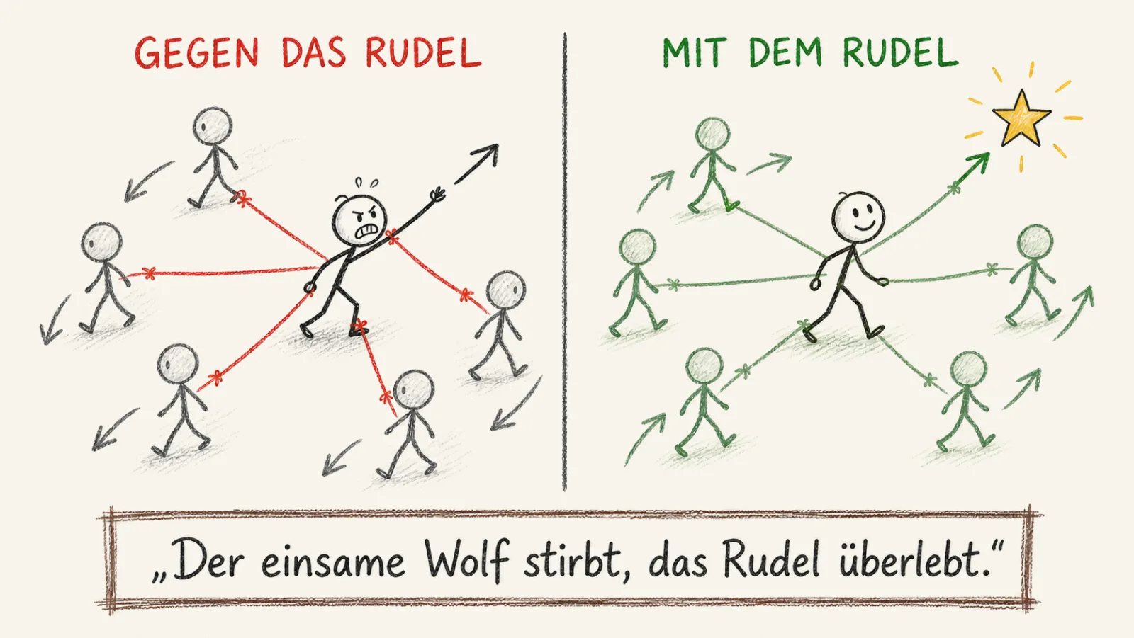 Der Einfluss der Gruppe im Vergleich: links kämpft eine Figur gegen ein Rudel, das in die Gegenrichtung läuft und sie an roten Fäden zurückzieht, rechts läuft dasselbe Rudel in ihre Wunschrichtung und zieht sie entspannt zum Ziel