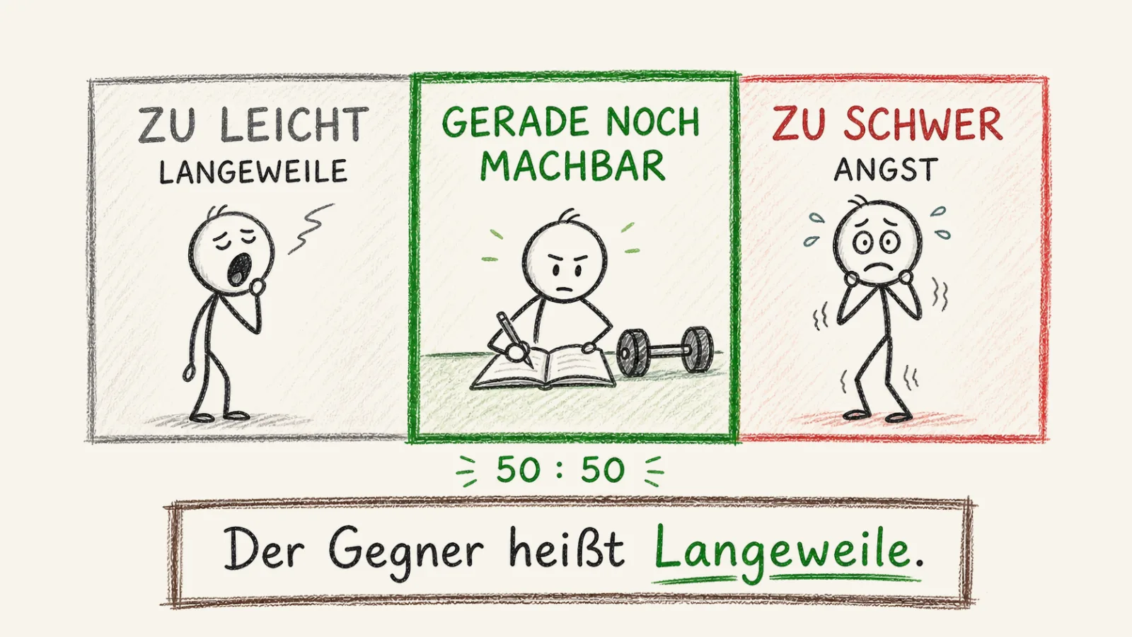 Die Goldlöckchen-Regel in drei Zonen: links zu leicht mit gähnender Figur und Langeweile, rechts zu schwer mit schwitzender Figur und Angst, in der grün markierten Mitte die Zone gerade noch machbar bei einem Verhältnis von 50 zu 50