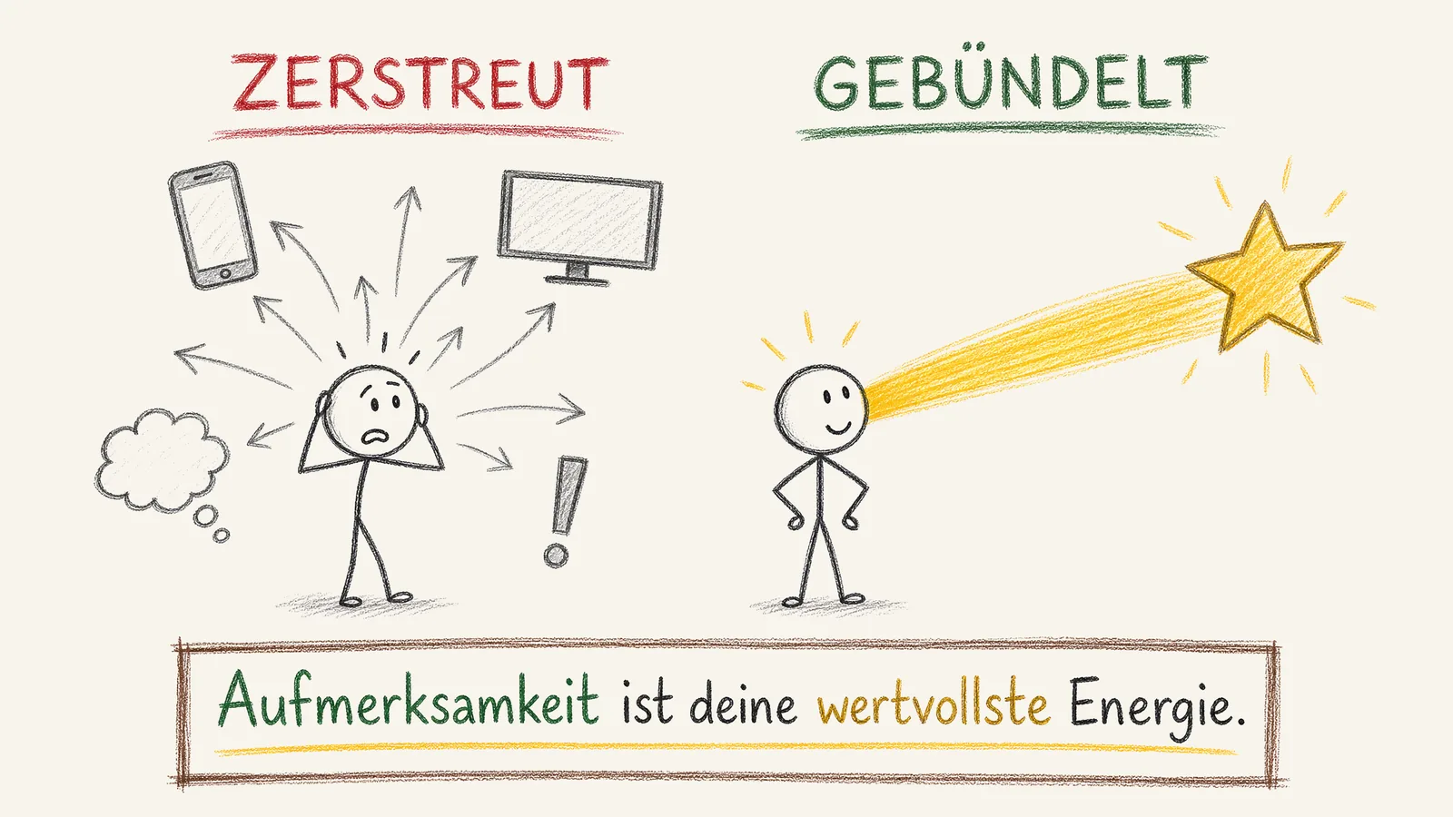 Aufmerksamkeit zerstreut oder gebündelt: ein Strichmännchen mit zerstreuten grauen Pfeilen in alle Richtungen versus einem gebündelten gelben Energiestrahl auf ein Ziel