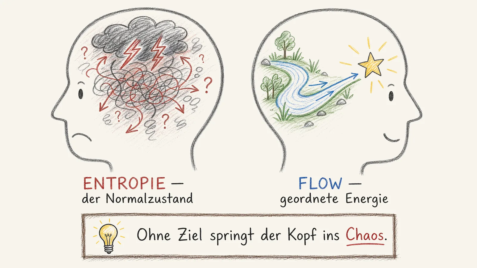 Zwei Kopf-Silhouetten im Vergleich: links chaotisches rot-graues Gewitter aus Gedanken als Entropie, rechts ein ruhiger geordneter blauer Strom als Flow