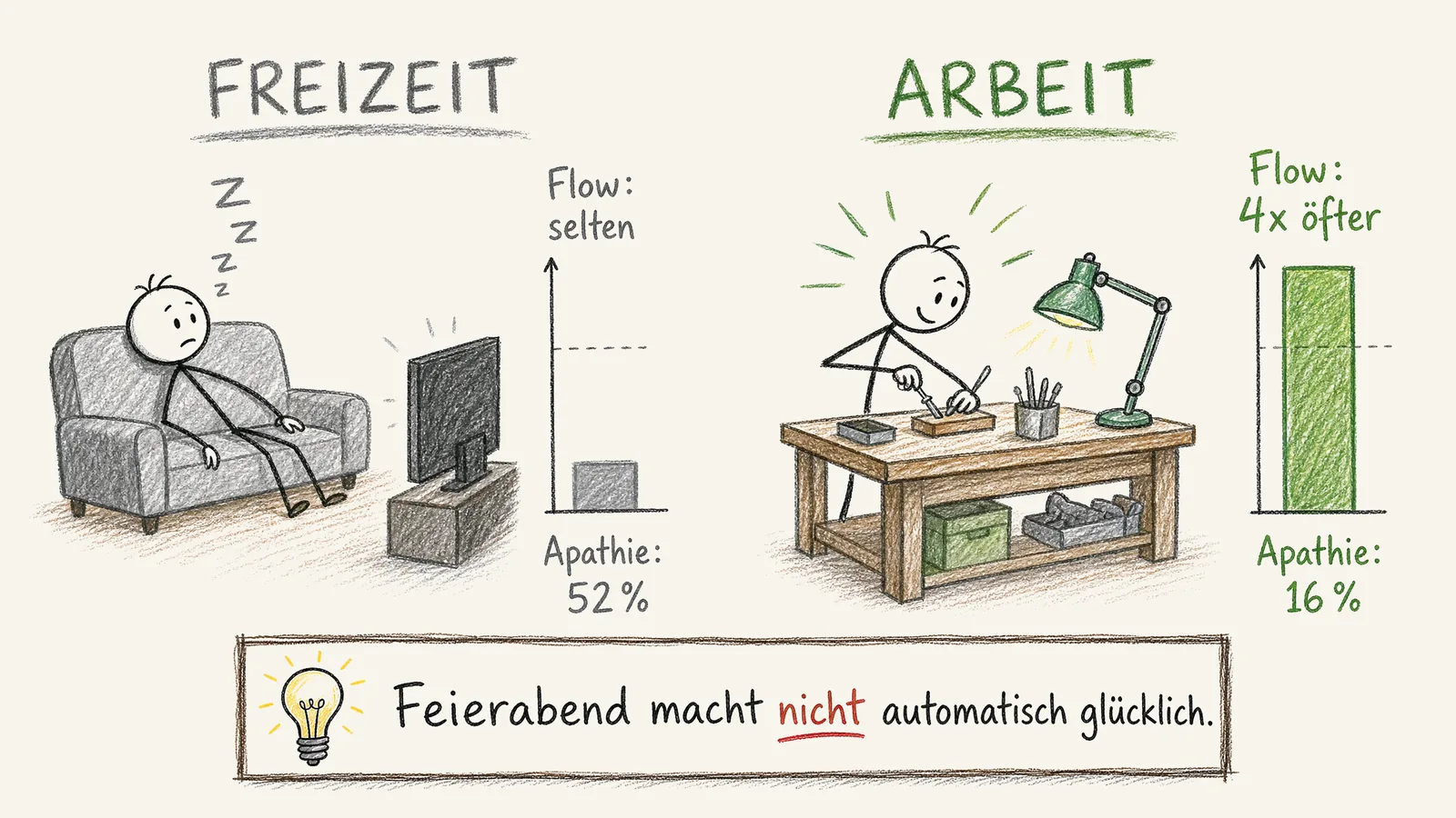 Arbeit gegen Freizeit im Vergleich: schlaffe Sofa-Figur vor dem Fernseher mit niedrigem Flow-Balken gegen konzentrierte Figur an der Werkbank mit hohem Flow-Balken