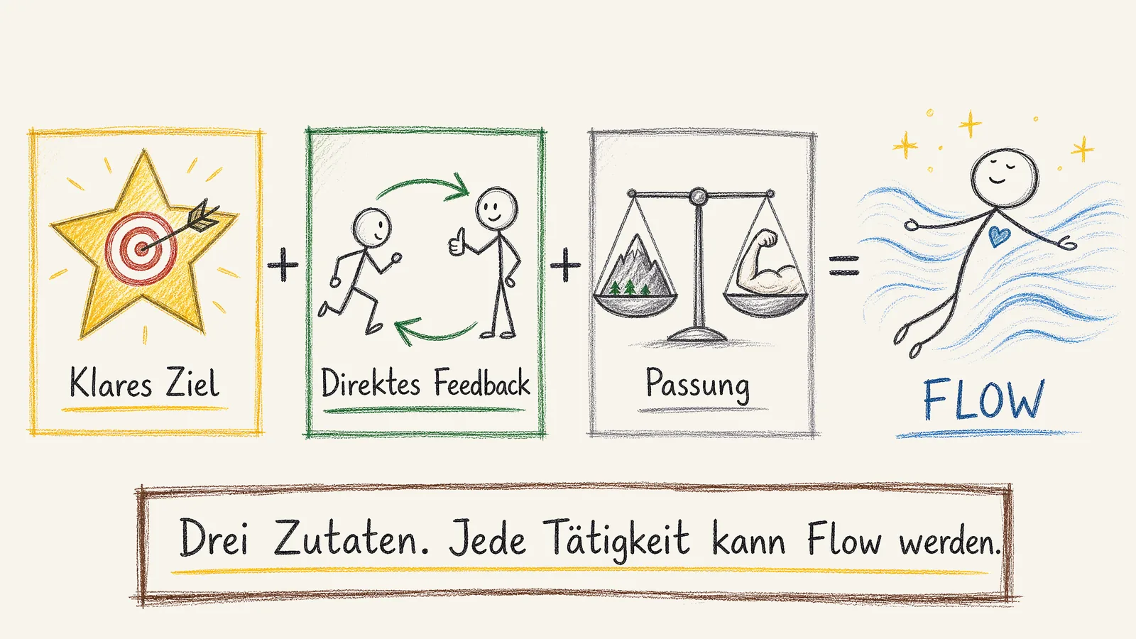 Drei Zutaten für Flow: klares Ziel mit Zielscheibe, direktes Feedback als Kreislauf-Pfeil, passende Herausforderung als Balkenwaage im Gleichgewicht