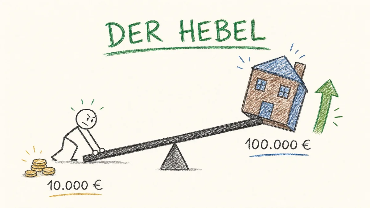 Hebeleffekt beim Immobilienkauf: mit 10.000 Euro Eigenkapital eine Immobilie im Wert von 100.000 Euro bewegen