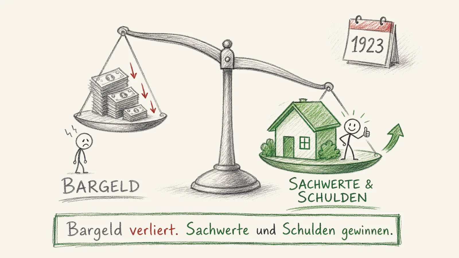 Weimar 1923: eine Waage, auf der einen Seite ein schrumpfender Geldschein-Stapel, auf der anderen Seite ein wachsendes Haus-Symbol