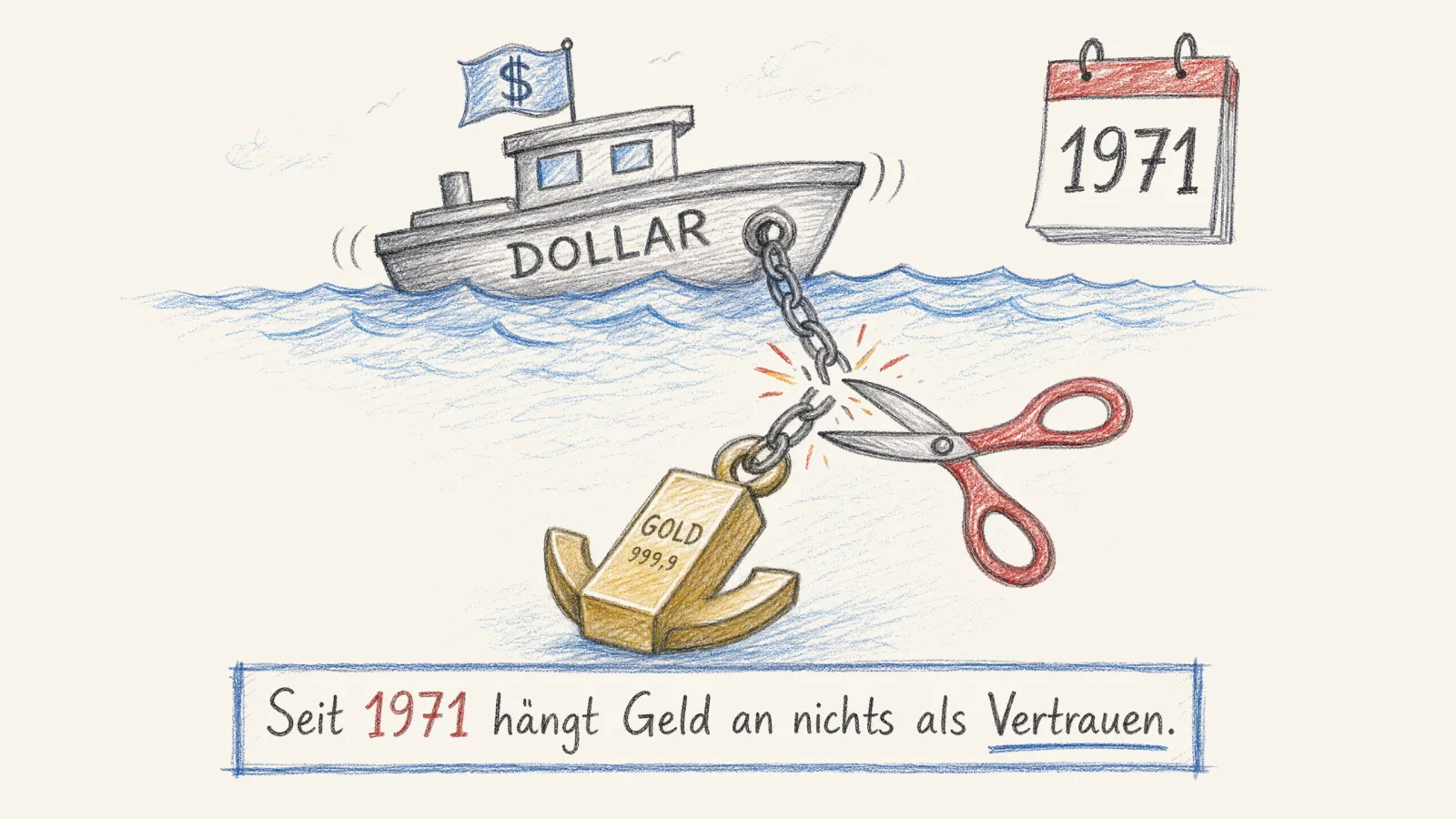 Der Nixon-Schock 1971: ein Boot mit der Aufschrift Dollar, dessen Anker (ein Goldbarren) gerade durchtrennt wird und das Boot treiben lässt