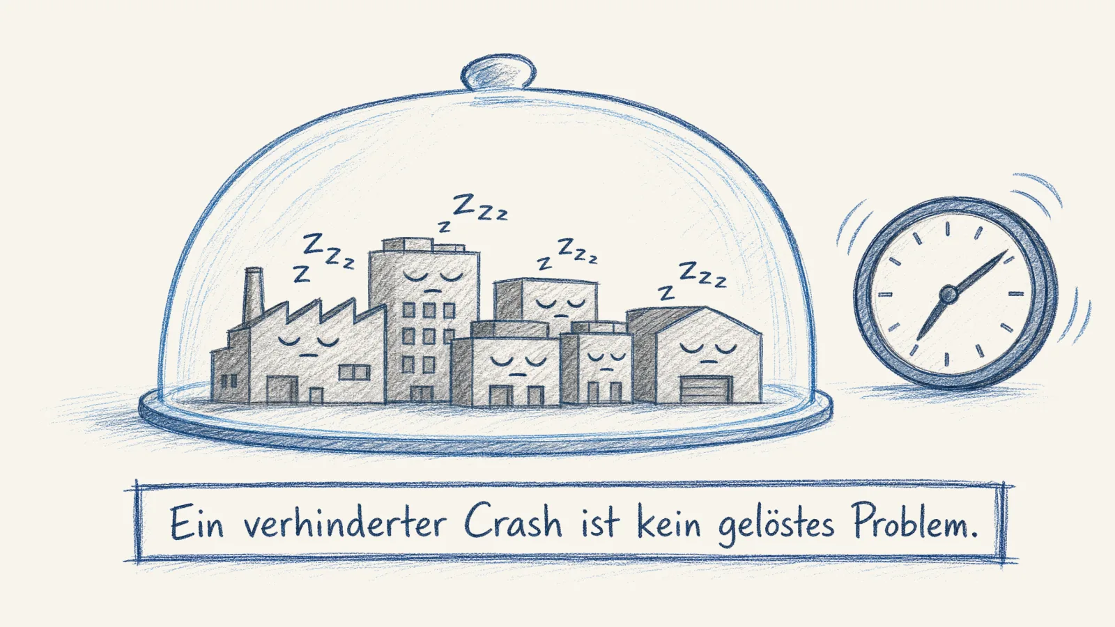 Japans Zombie-Wirtschaft: schlafende Fabrik- und Firmengebäude unter einer Käseglocke, während draußen die Zeit weiterläuft