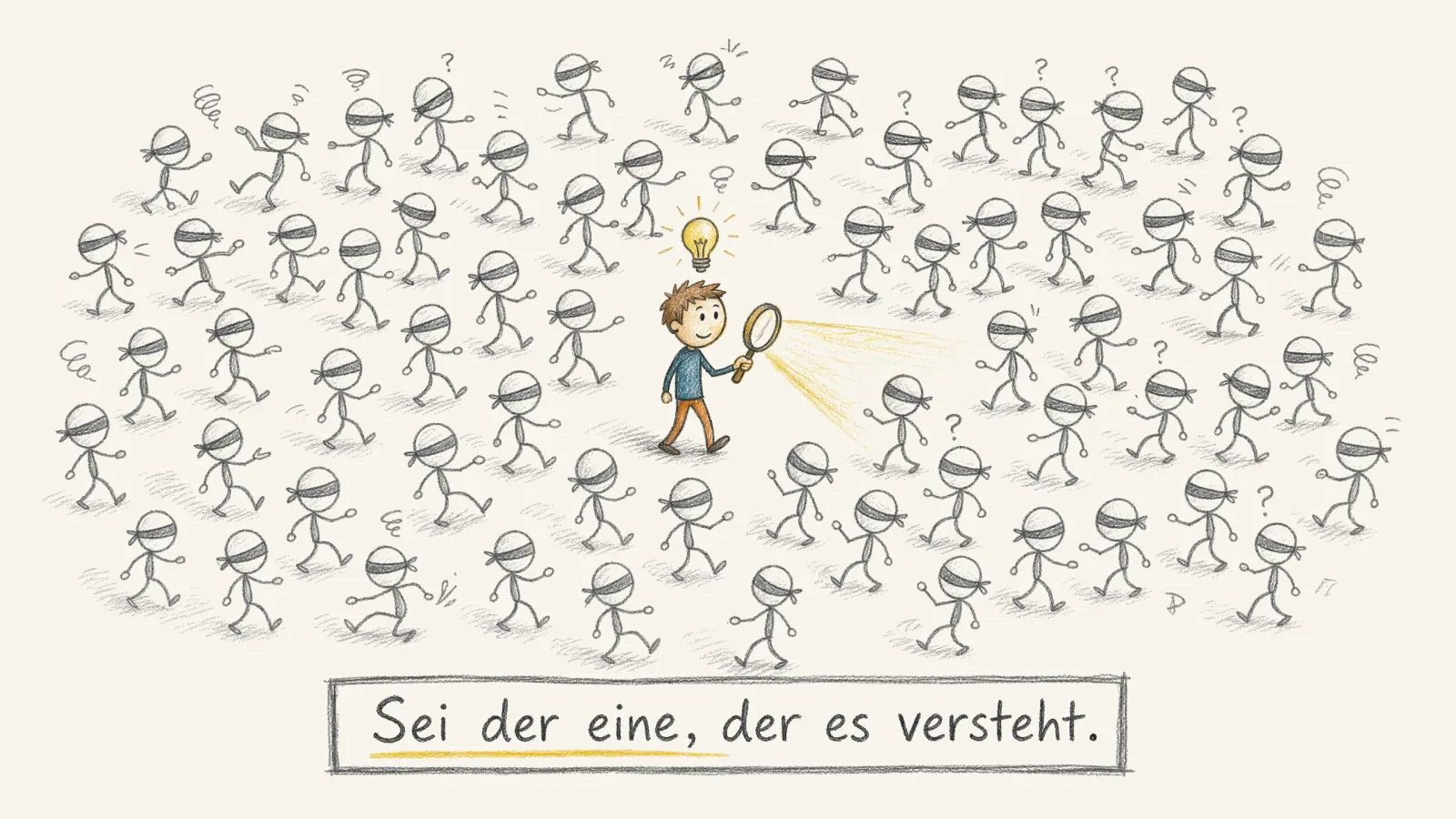 Der eine von einer Million: eine Figur mit klarem Blick inmitten einer Menschenmenge mit verbundenen Augen