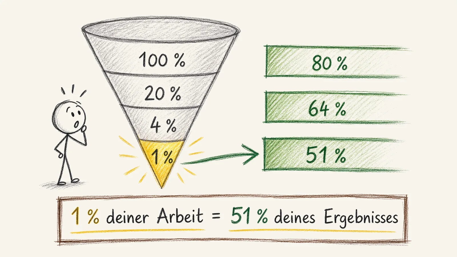Pareto-Prinzip hoch drei: 20 % der Aktionen bringen 80 % des Ergebnisses, 4 % bringen 64 %, 1 % bringt 51 %