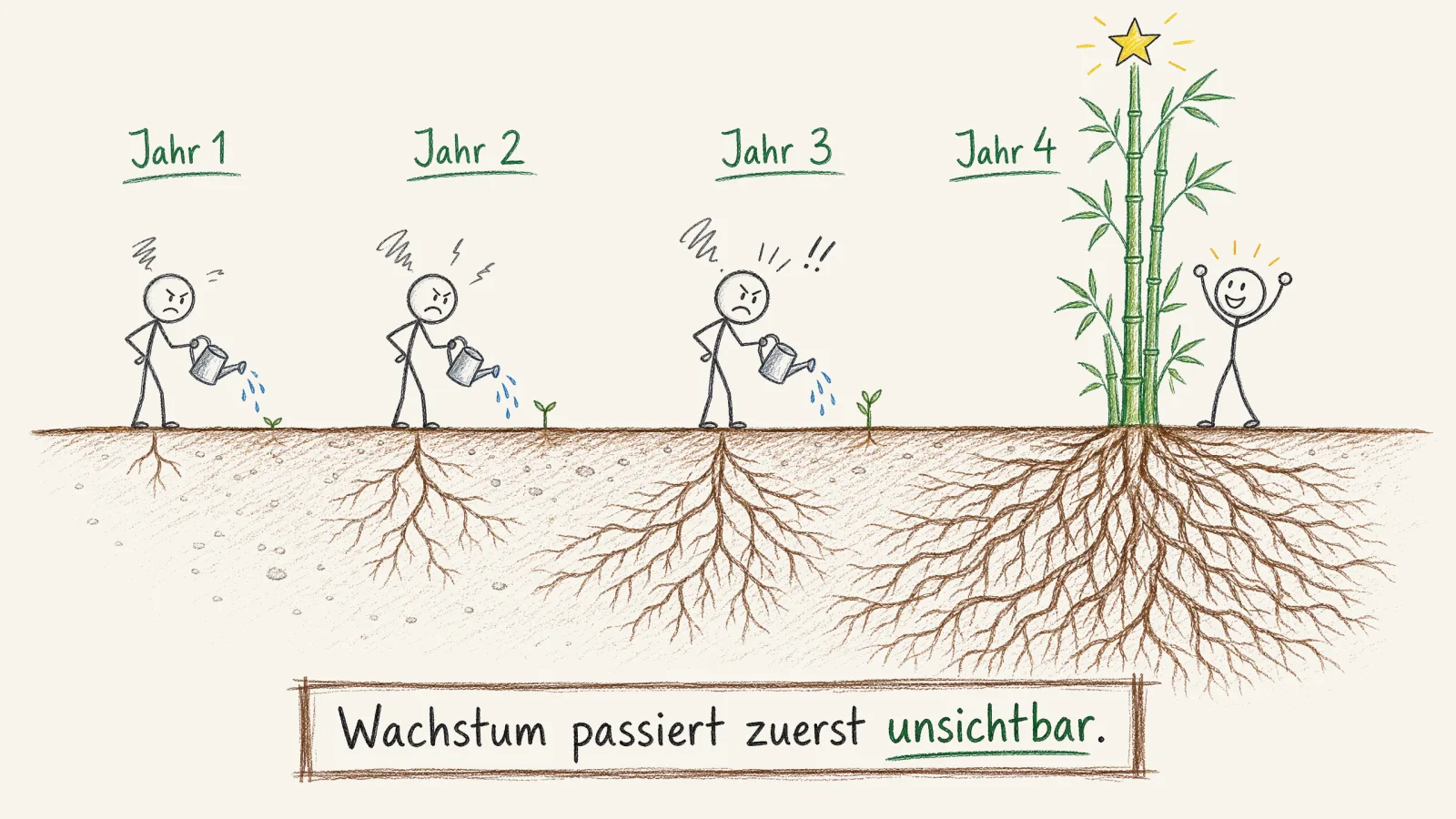 Chinesischer Bambus: drei Jahre unsichtbares Wurzelwachstum, dann ein Meter pro Tag. Metapher für die Wurzelbildungsphase jedes Projekts