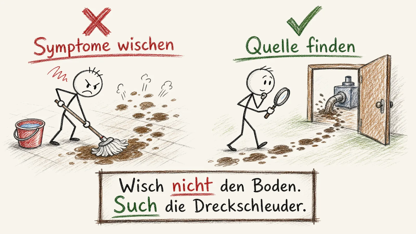 Dreckschleuder-Prinzip: Symptome wischen oder die Quelle des Problems finden und abstellen