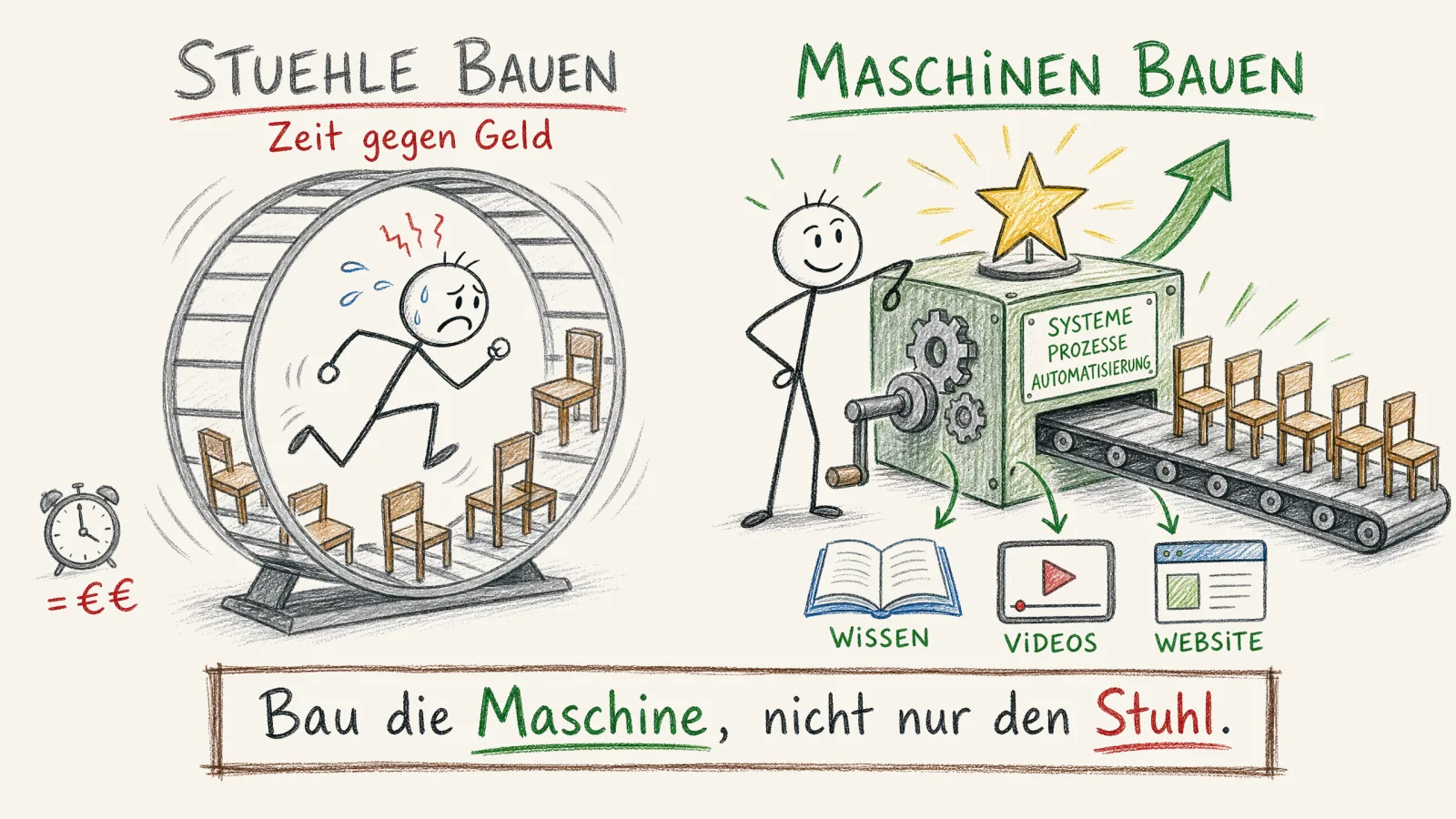 Stühle bauen oder Maschinen bauen: der Weg aus dem Hamsterrad Zeit gegen Geld, nach Alex Fischer