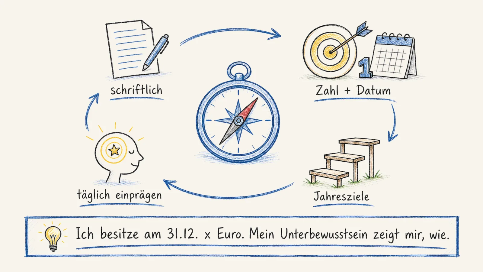Das Ziel-Navigationssystem als Kreislauf in vier Stationen: Ziel schriftlich festhalten, mit Zahl und Datum versehen, in Jahresziele unterteilen und täglich im entspannten Zustand einprägen, bis das Unterbewusstsein den Weg mitsteuert