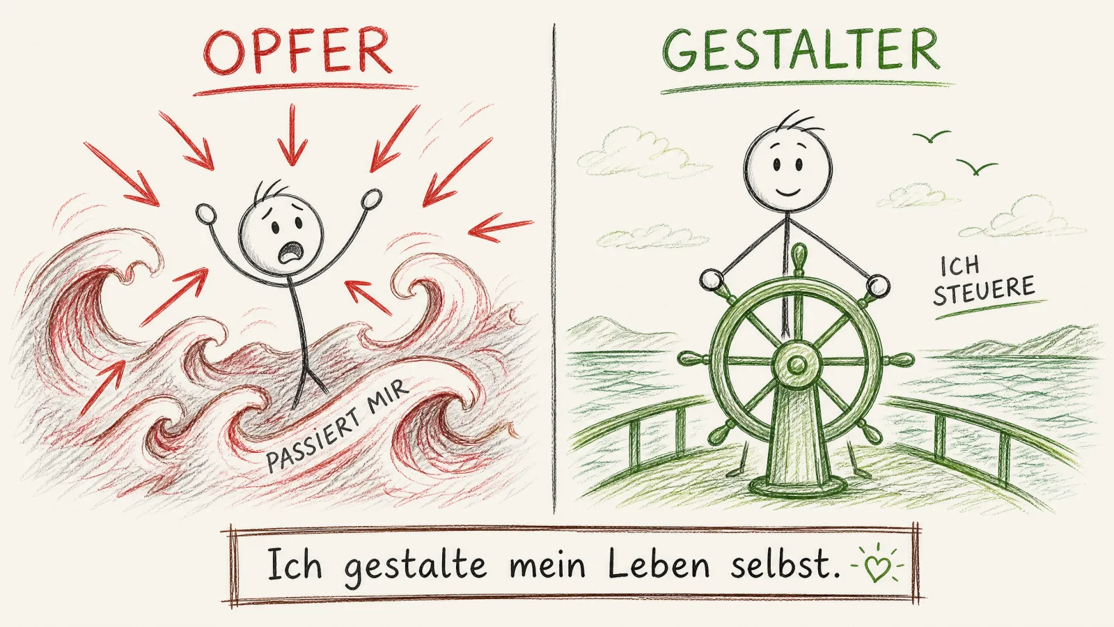 Handgezeichnetes Schaubild im Vergleich: links ein Strichmännchen als Spielball, das von Wellen und Pfeilen herumgeschubst wird und dem Leben ausgeliefert ist, rechts dasselbe Strichmännchen am Steuerrad, das seinen Kurs selbst bestimmt