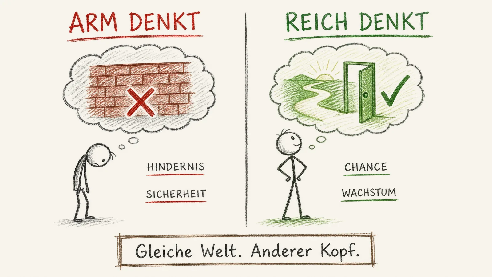 Handgezeichnetes Schaubild: zwei Denkweisen im Vergleich, links das Muster armer Menschen mit Fokus auf Hindernisse und Sicherheit, rechts das Muster reicher Menschen mit Fokus auf Chancen und Wachstum