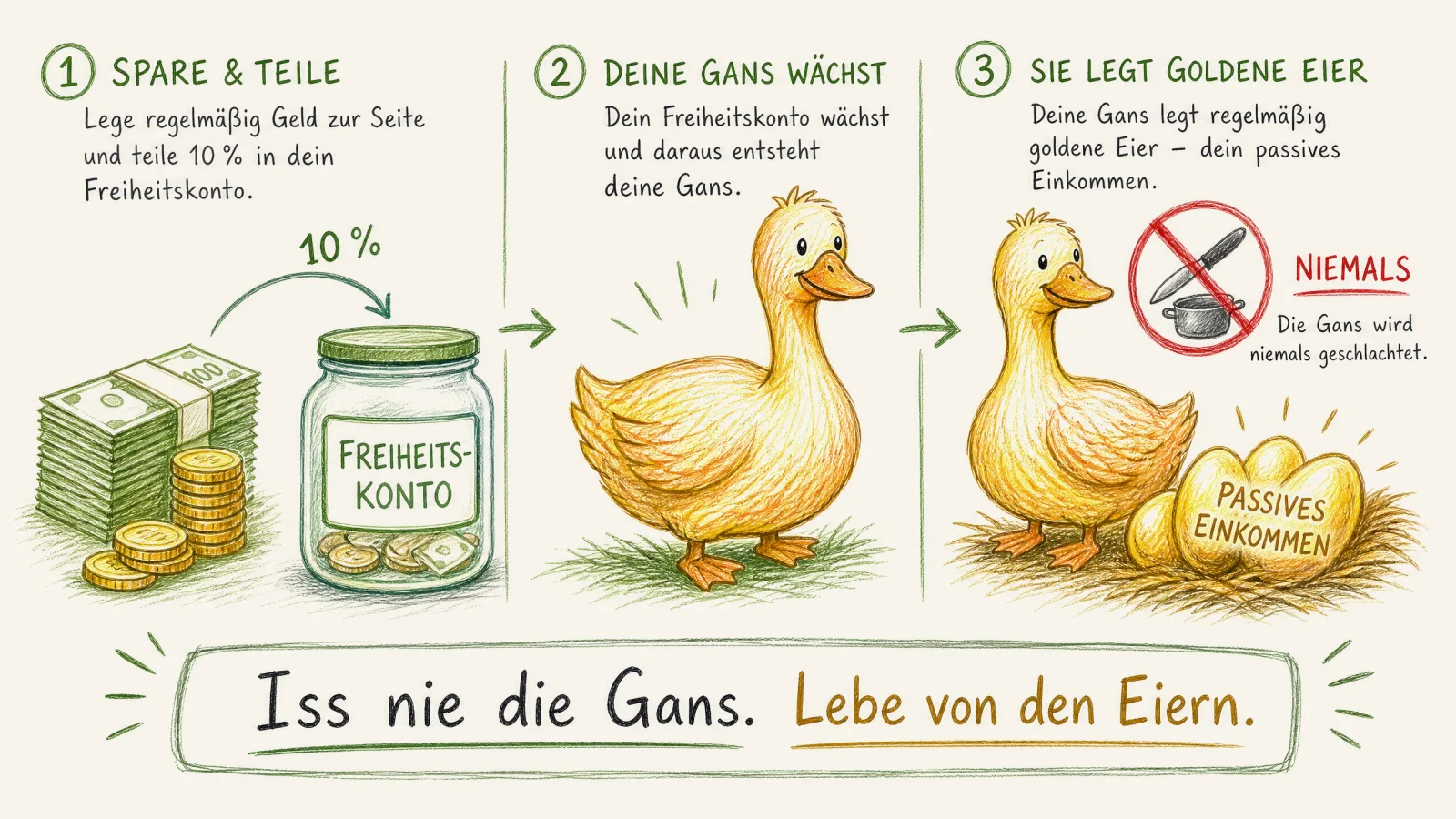 Handgezeichnetes Schaubild des Freiheitskontos: von jedem Euro fließen zehn Prozent auf ein separates Konto, das zur goldenen Gans wächst und passives Einkommen als goldene Eier abwirft, während die Gans selbst nie geschlachtet wird