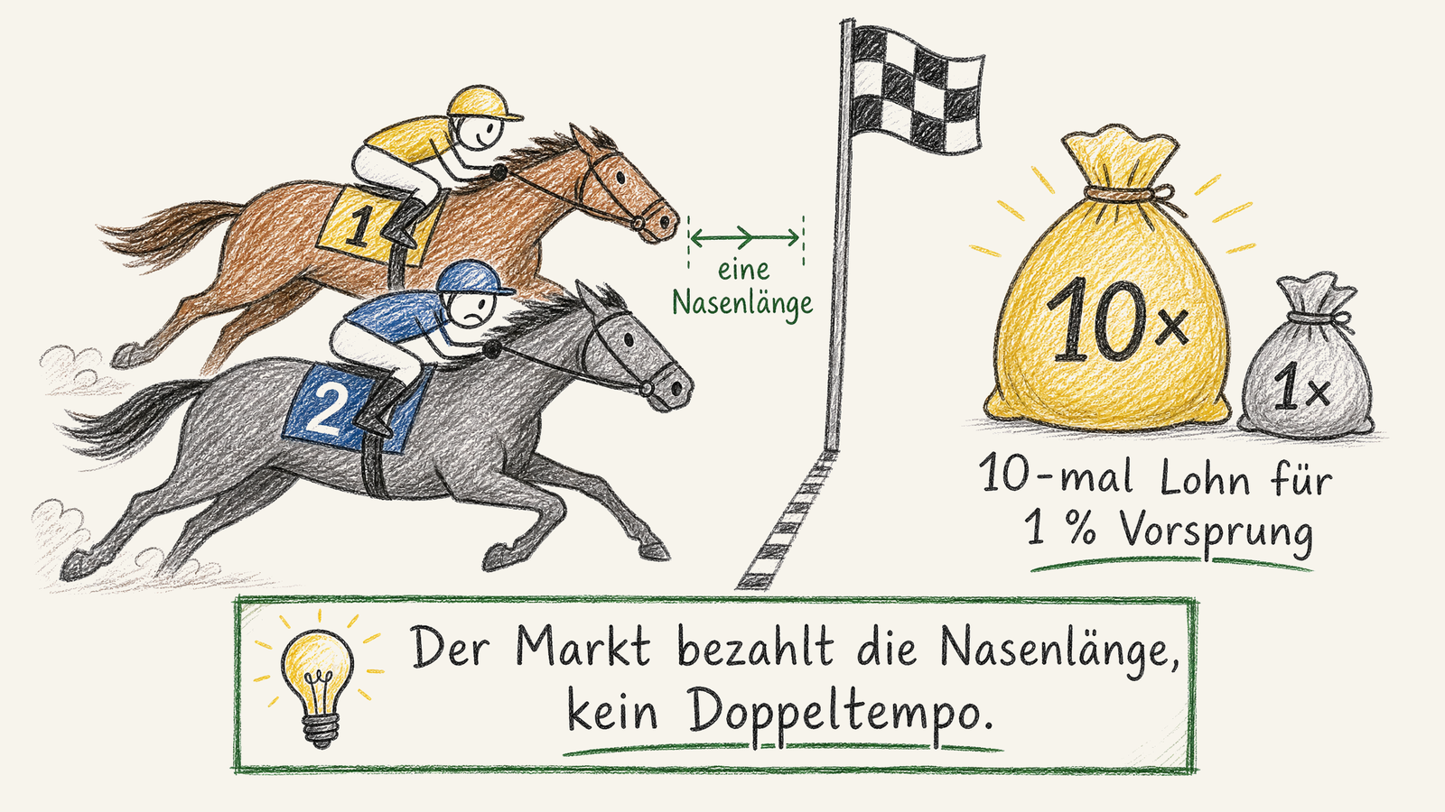 Zwei Rennpferde trennen nur eine Nasenlänge, doch der Sieger erhält zehnmal so viel Preisgeld.