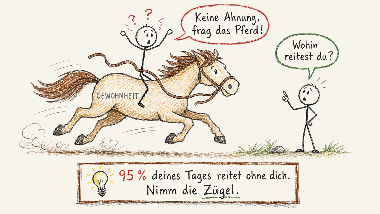 Ein Reiter ohne Zügel auf einem Pferd mit der Aufschrift Gewohnheit zeigt den Autopiloten im Alltag.